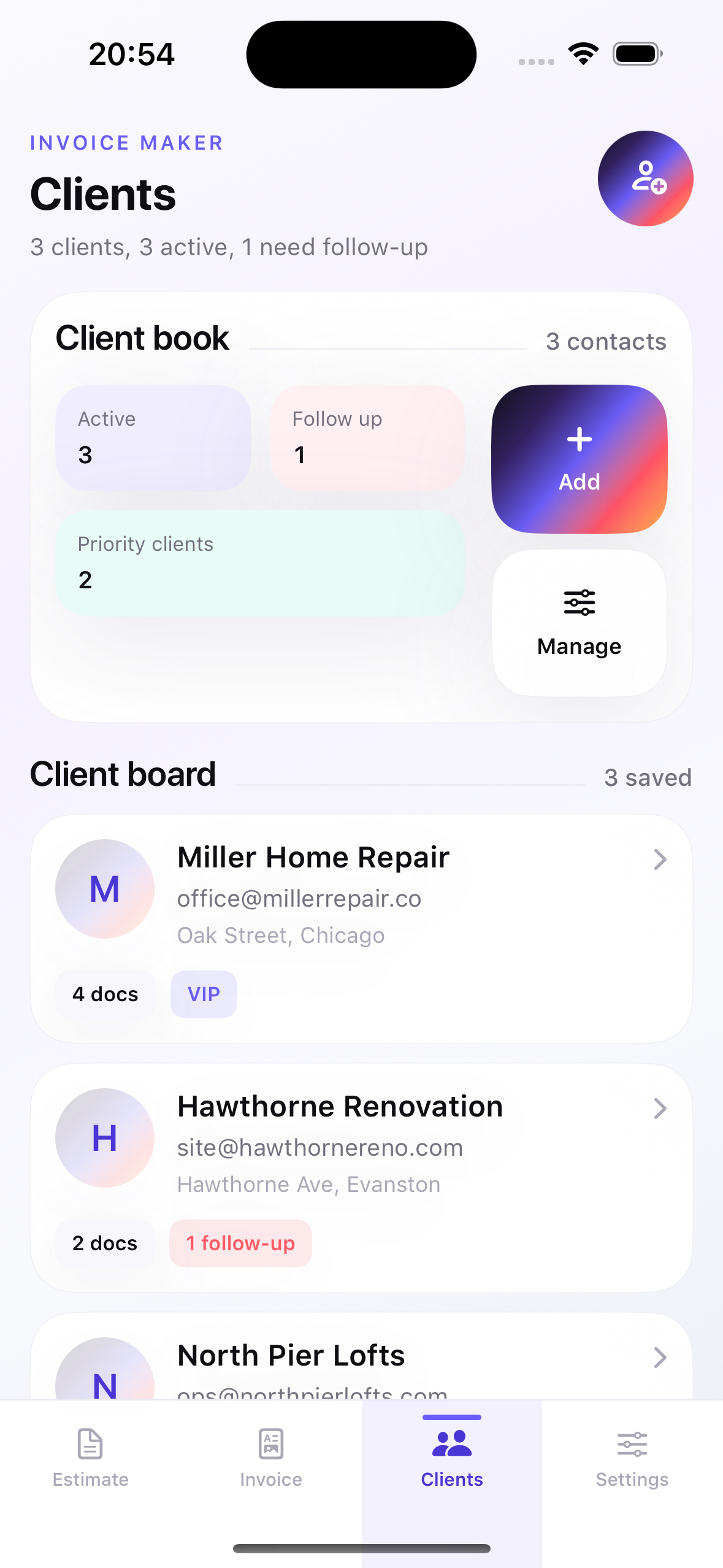 InvoiceFlow clients screen