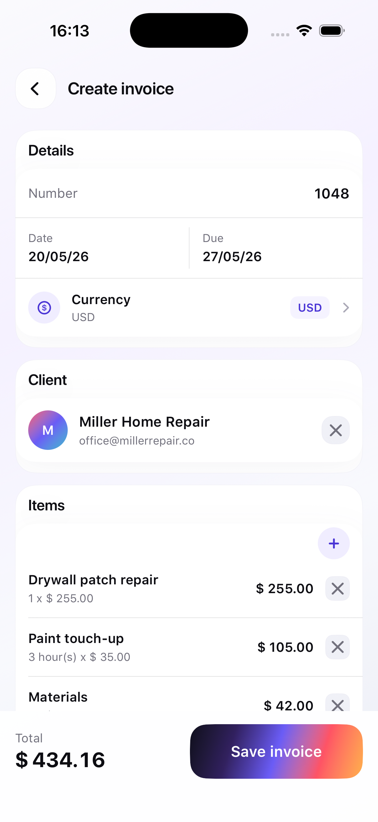 InvoiceFlow create invoice screen