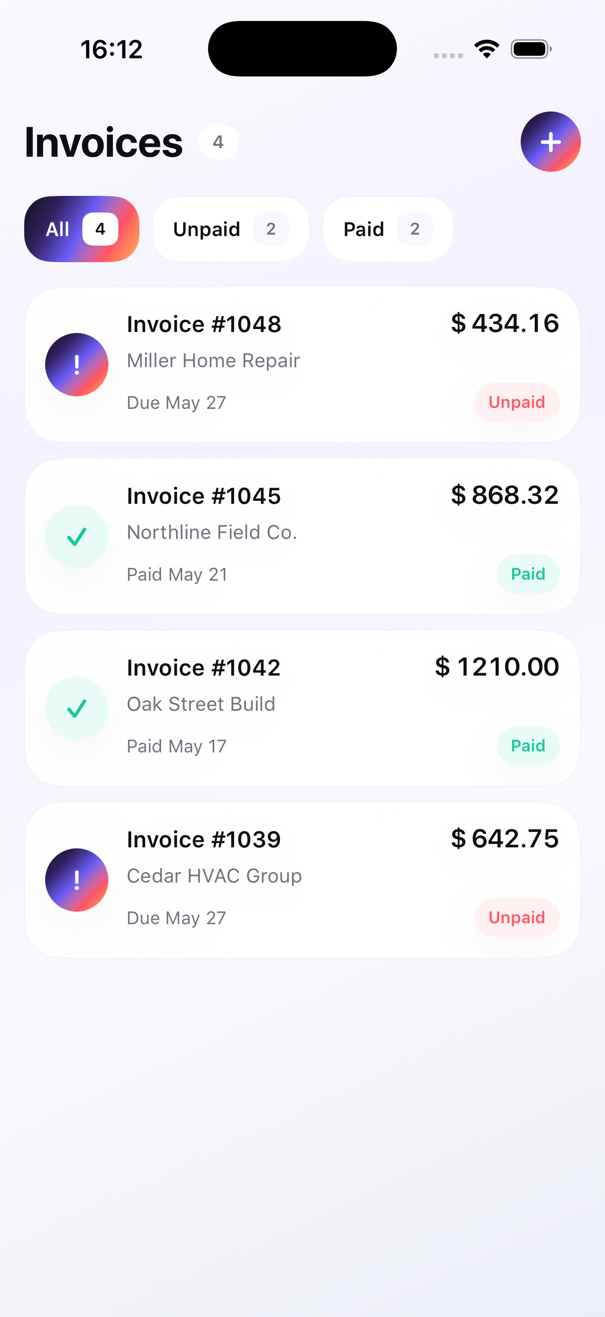InvoiceFlow invoice list screen